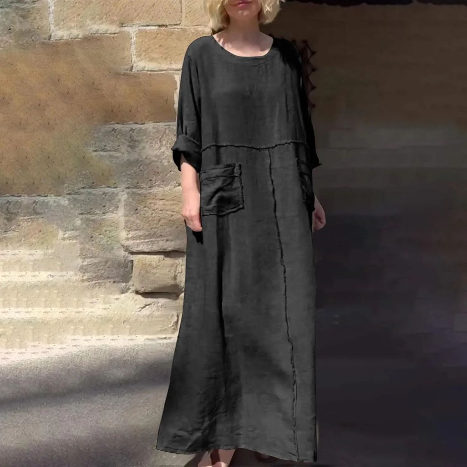 Maxi Dresses for Women Casual Long Sleeve Crewneck Dress Cotton Linen Loose Long Dress Fashion Plus Size Dresses