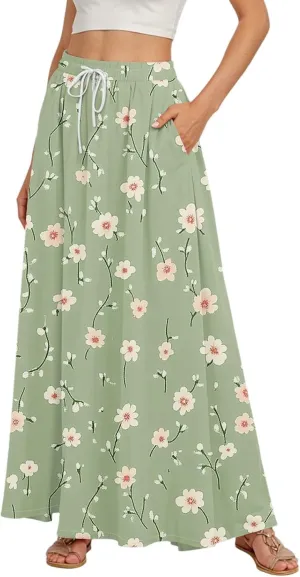 Maxi Floral Flare Skirts for Women 2025 Boho A Line Skirt Long Flowy Smocked High Elastic Waist Skort with Pockets