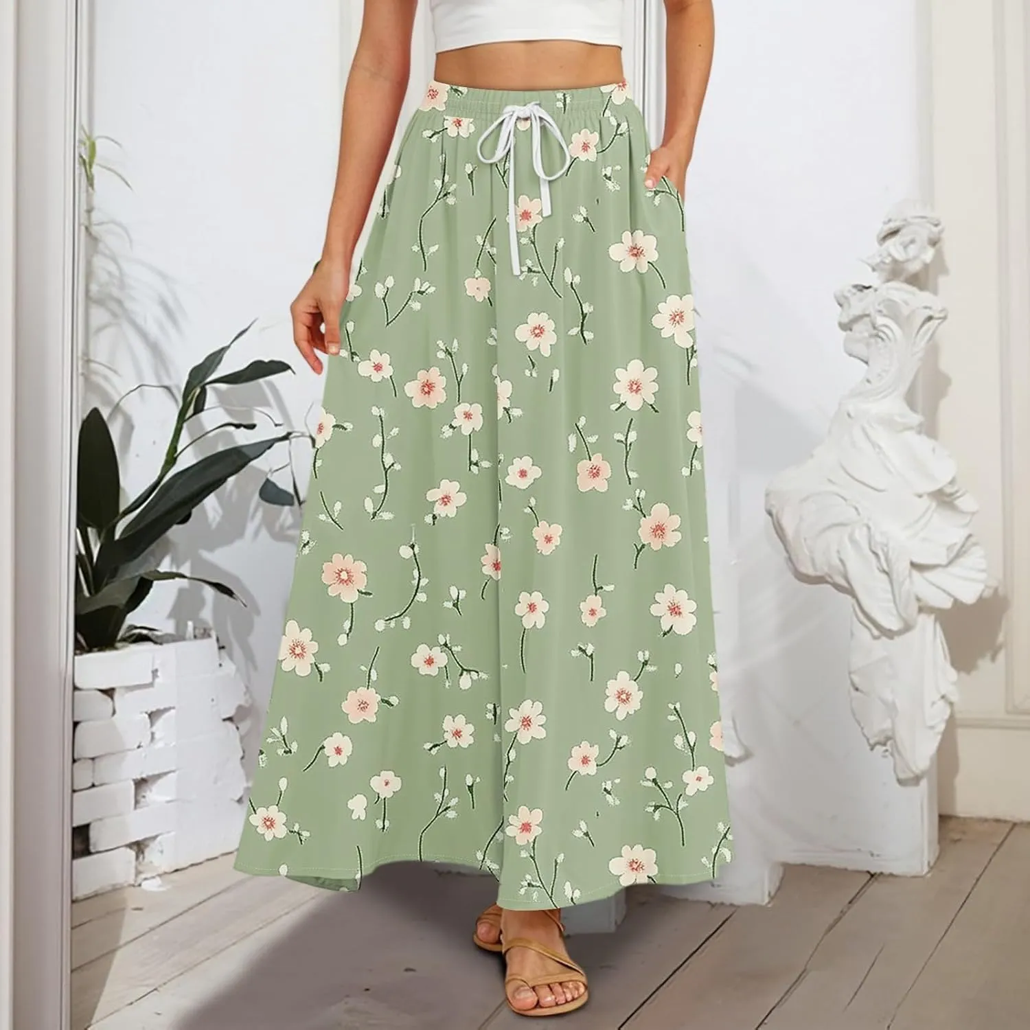 Maxi Floral Flare Skirts for Women 2025 Boho A Line Skirt Long Flowy Smocked High Elastic Waist Skort with Pockets