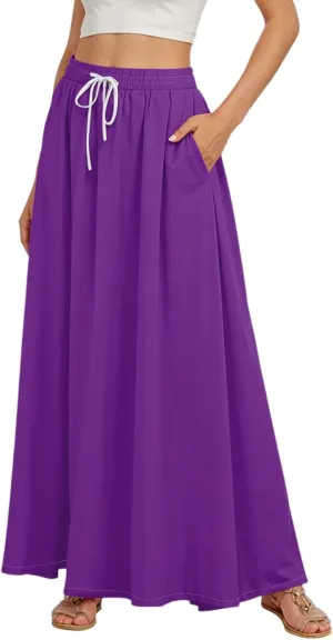 Maxi Floral Flare Skirts for Women 2025 Boho A Line Skirt Long Flowy Smocked High Elastic Waist Skort with Pockets