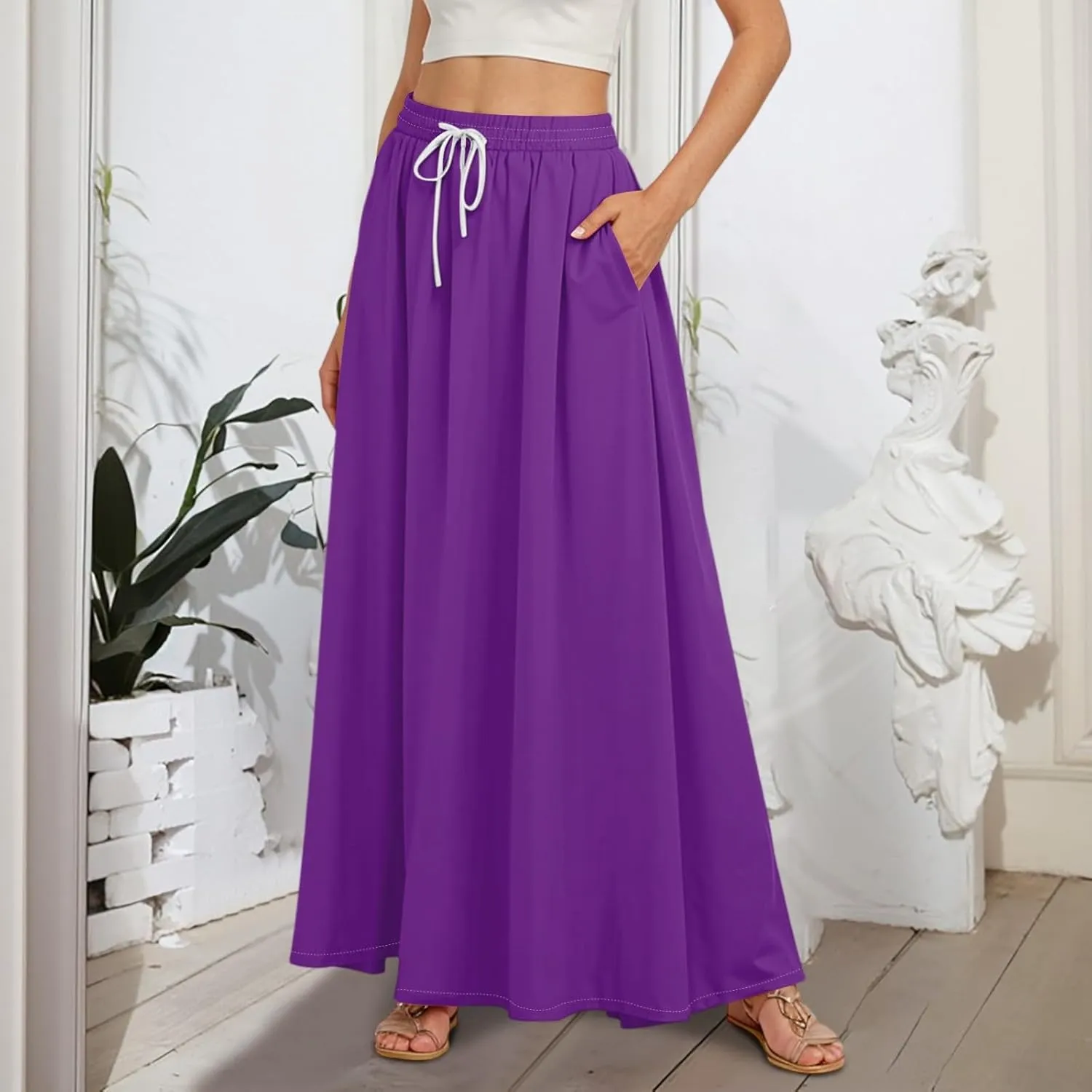 Maxi Floral Flare Skirts for Women 2025 Boho A Line Skirt Long Flowy Smocked High Elastic Waist Skort with Pockets