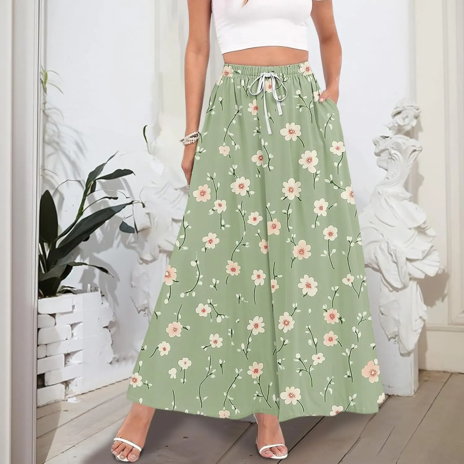 Maxi Floral Flare Skirts for Women 2025 Boho A Line Skirt Long Flowy Smocked High Elastic Waist Skort with Pockets