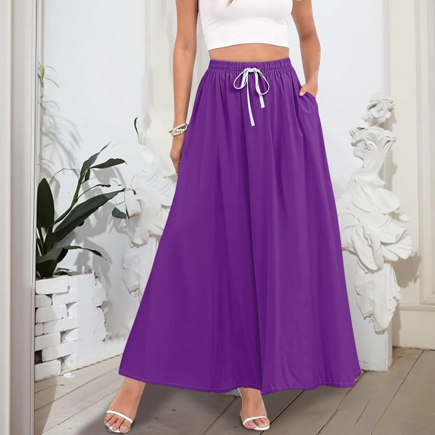 Maxi Floral Flare Skirts for Women 2025 Boho A Line Skirt Long Flowy Smocked High Elastic Waist Skort with Pockets