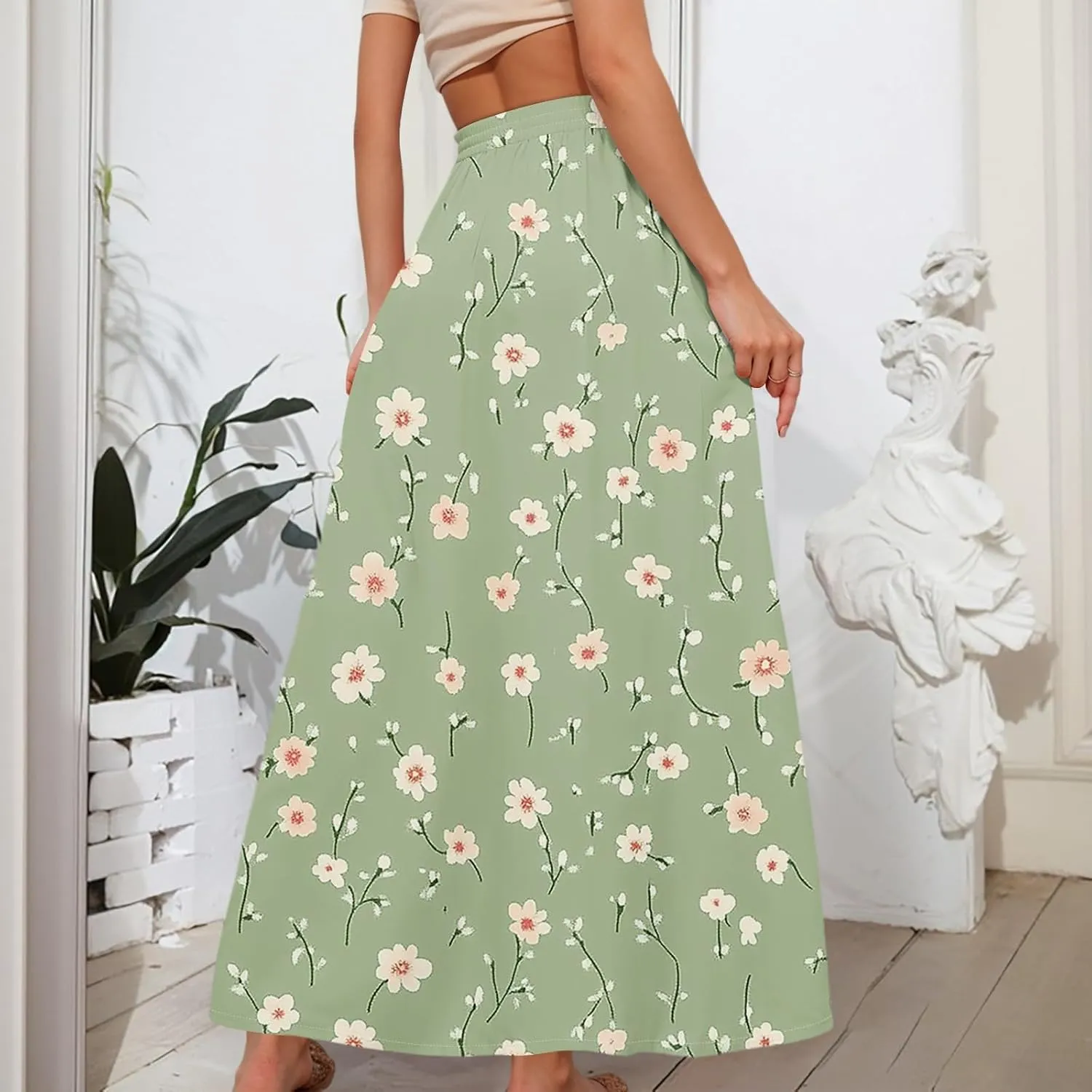 Maxi Floral Flare Skirts for Women 2025 Boho A Line Skirt Long Flowy Smocked High Elastic Waist Skort with Pockets