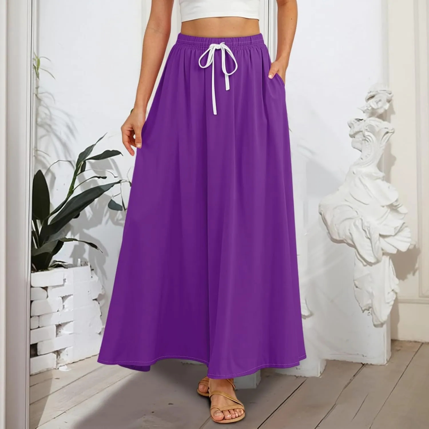 Maxi Floral Flare Skirts for Women 2025 Boho A Line Skirt Long Flowy Smocked High Elastic Waist Skort with Pockets