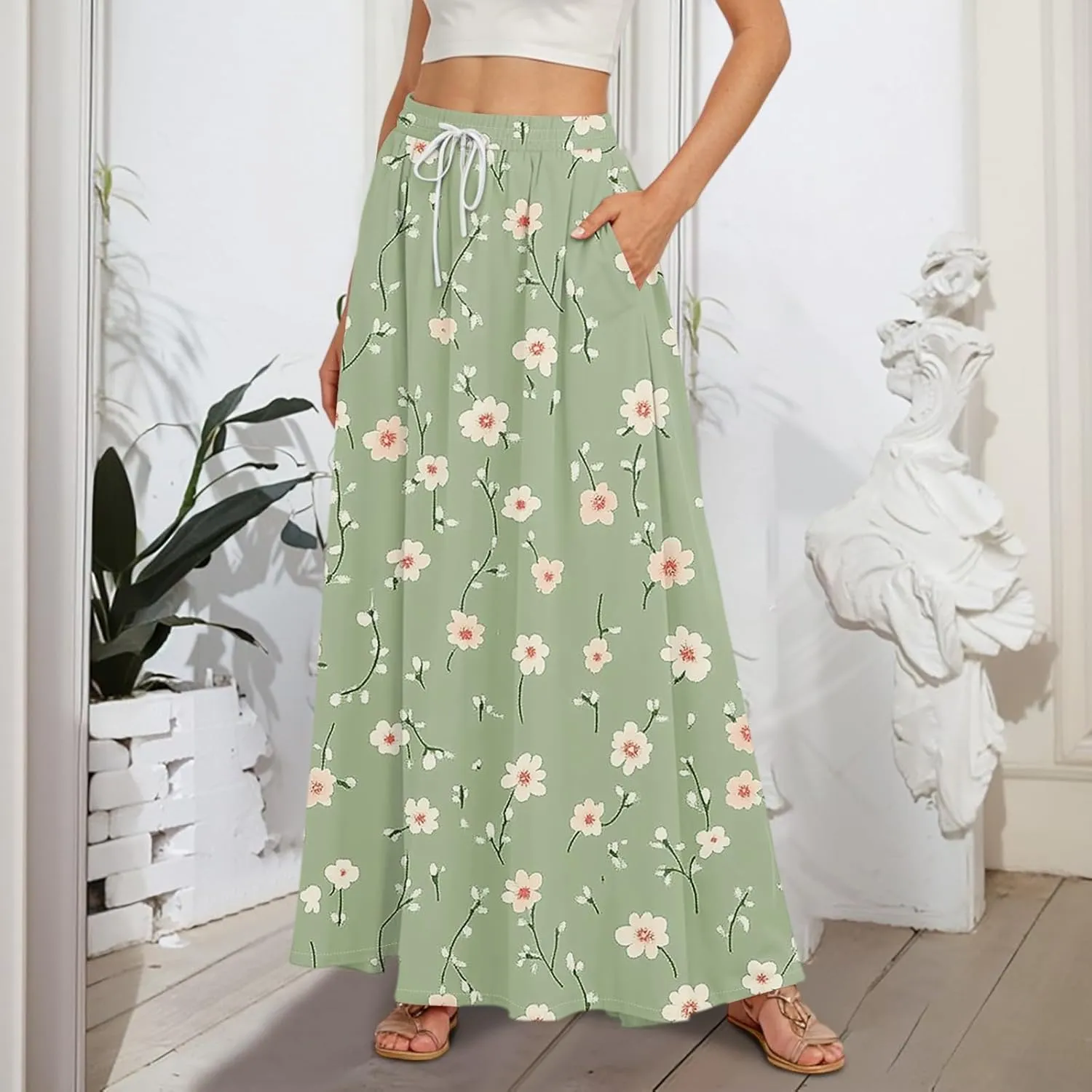 Maxi Floral Flare Skirts for Women 2025 Boho A Line Skirt Long Flowy Smocked High Elastic Waist Skort with Pockets