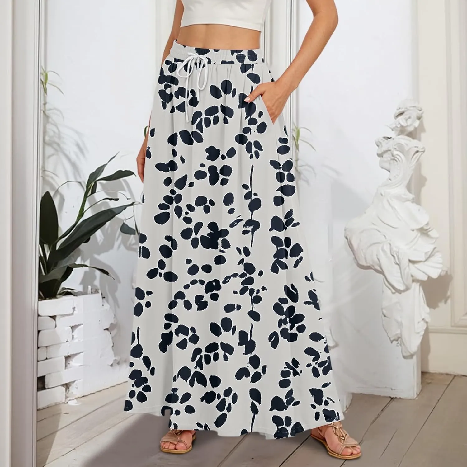 Maxi Floral Flare Skirts for Women 2025 Boho High Elastic Waist A Line Skirt Long Flowy Smocked Skort with Pockets