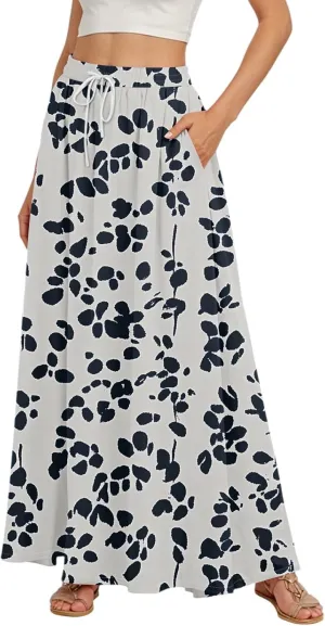 Maxi Floral Flare Skirts for Women 2025 Boho High Elastic Waist A Line Skirt Long Flowy Smocked Skort with Pockets