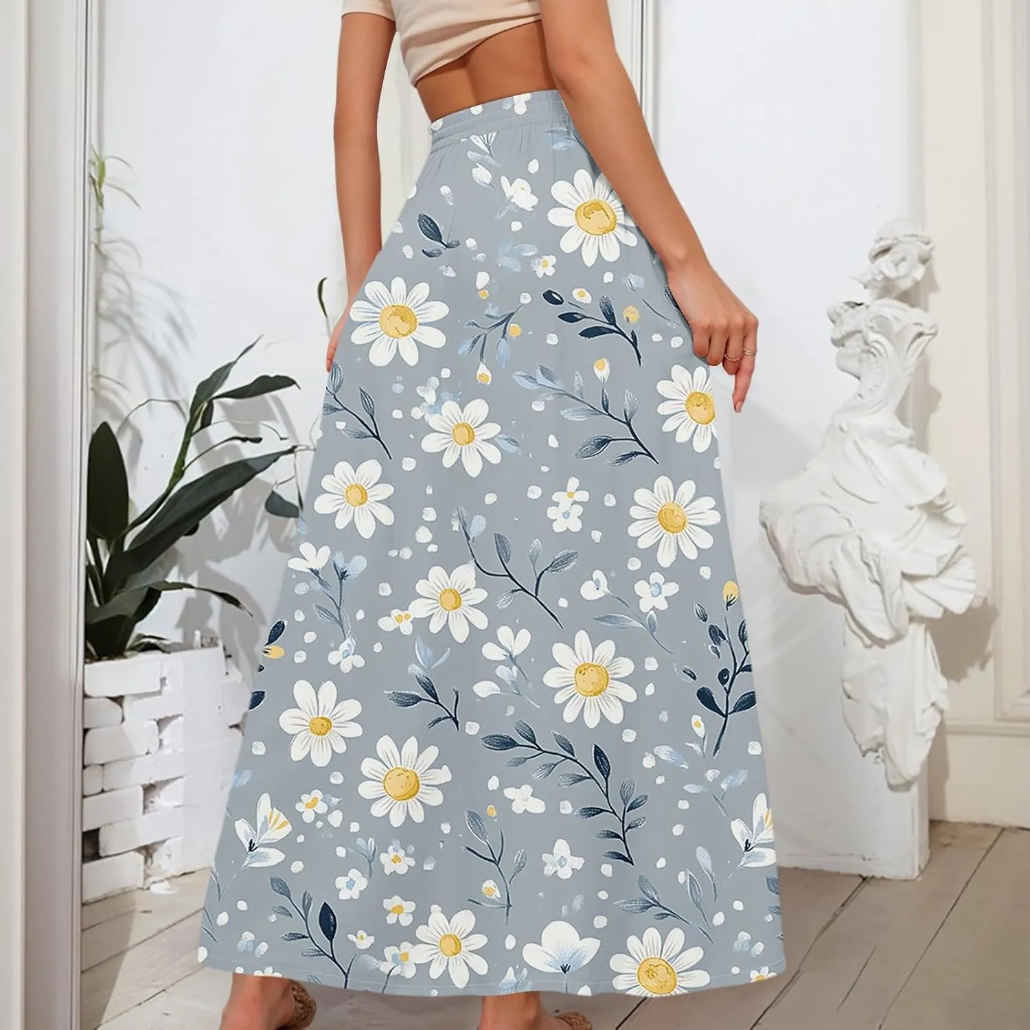 Maxi Floral Flare Skirts for Women 2025 Boho Long Flowy Smocked High Elastic Waist A Line Skirt Skort with Pockets
