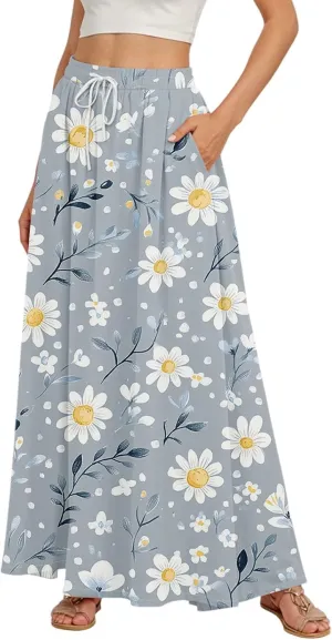 Maxi Floral Flare Skirts for Women 2025 Boho Long Flowy Smocked High Elastic Waist A Line Skirt Skort with Pockets