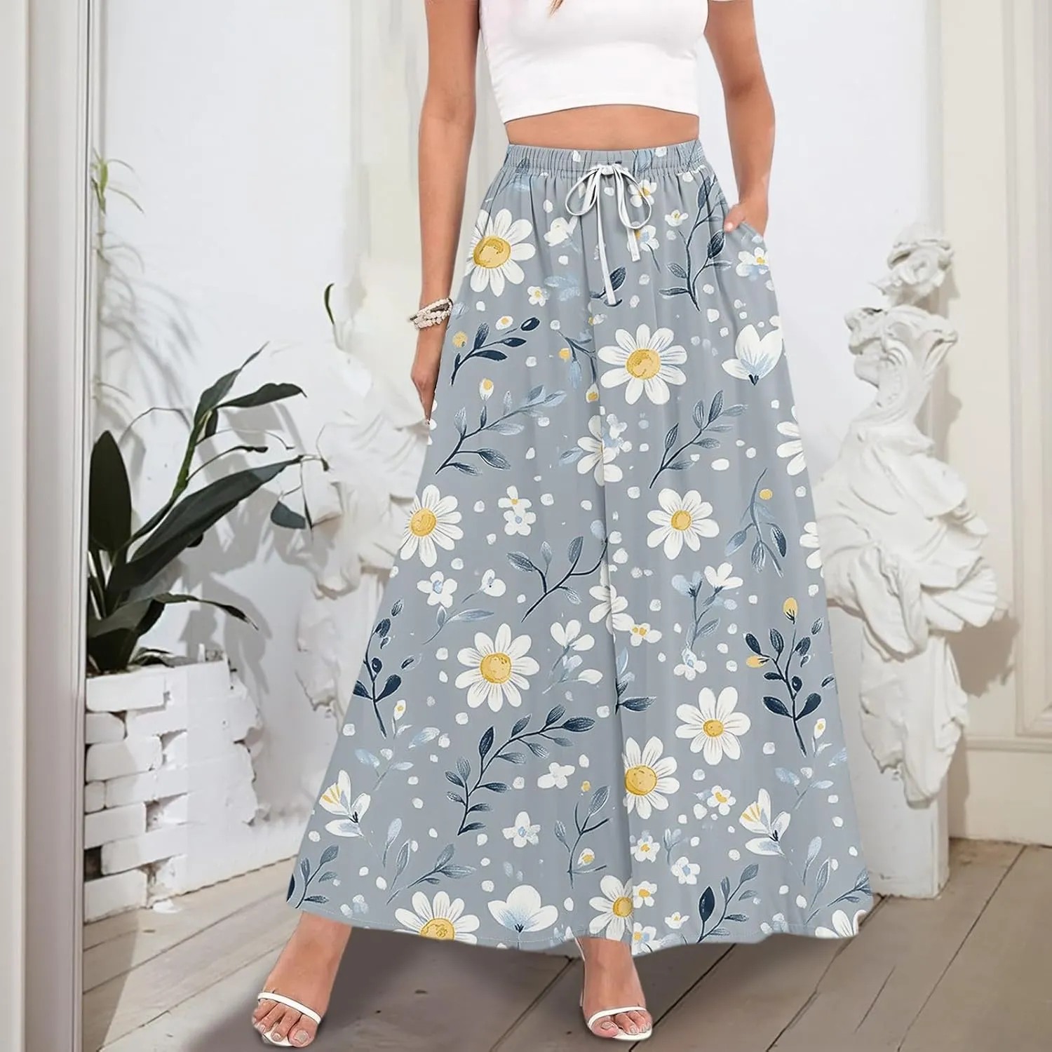 Maxi Floral Flare Skirts for Women 2025 Boho Long Flowy Smocked High Elastic Waist A Line Skirt Skort with Pockets