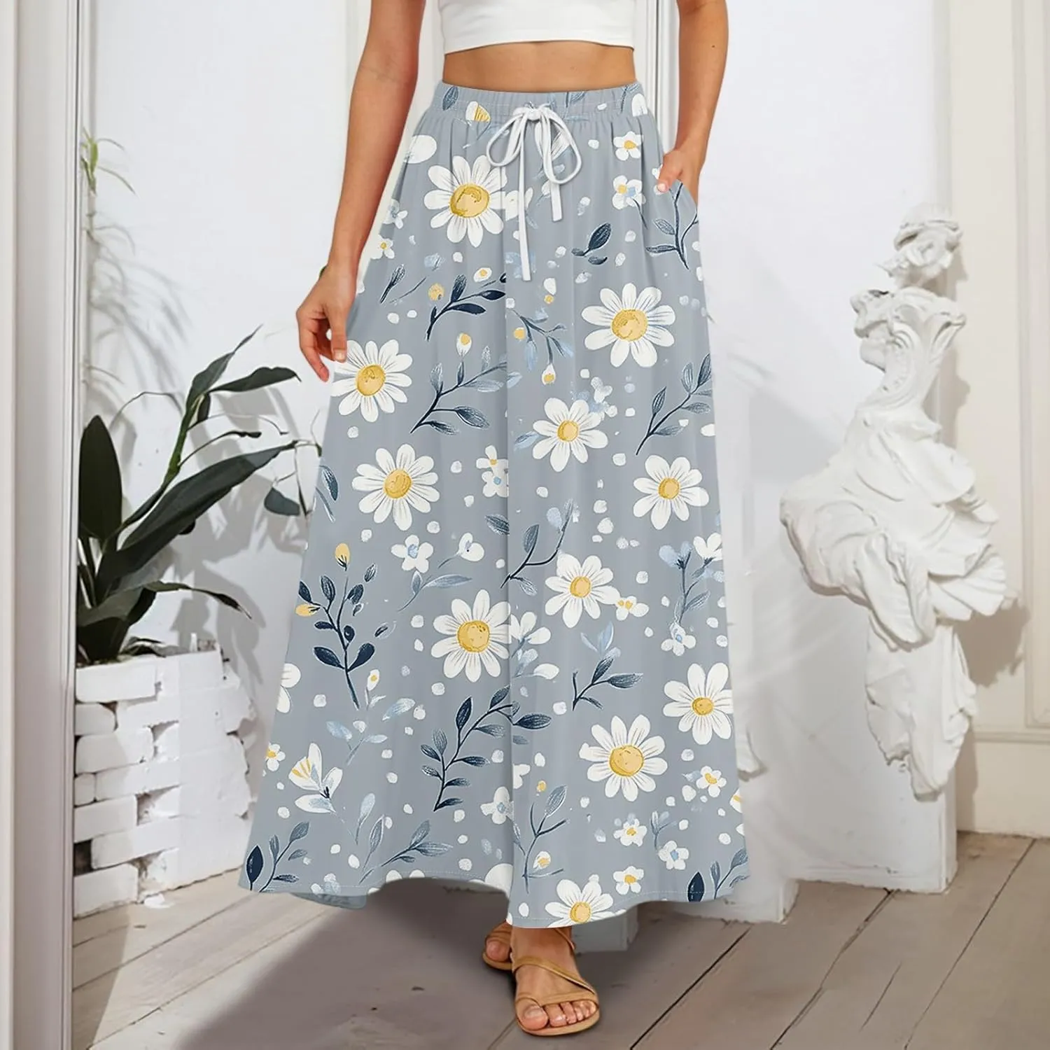 Maxi Floral Flare Skirts for Women 2025 Boho Long Flowy Smocked High Elastic Waist A Line Skirt Skort with Pockets