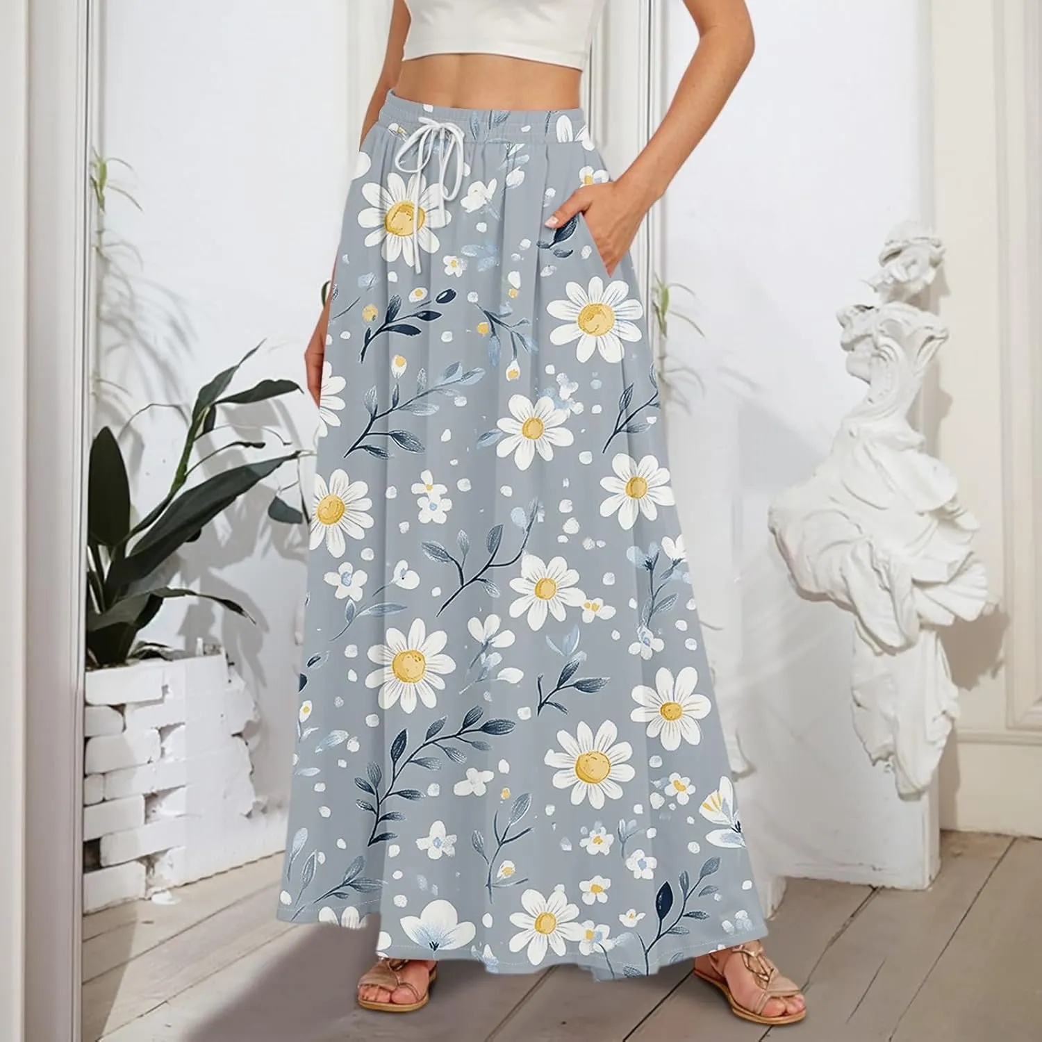 Maxi Floral Flare Skirts for Women 2025 Boho Long Flowy Smocked High Elastic Waist A Line Skirt Skort with Pockets