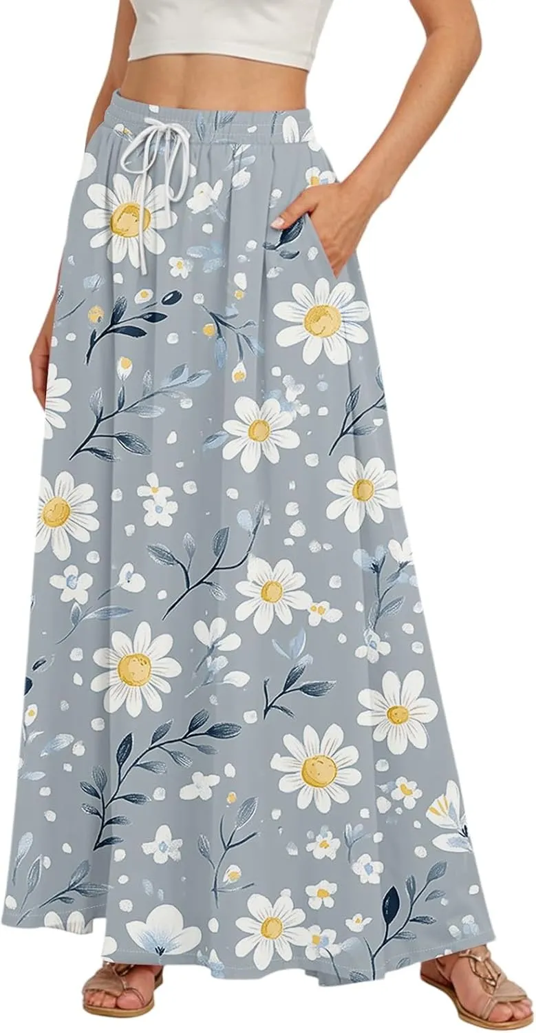 Maxi Floral Flare Skirts for Women 2025 Boho Long Flowy Smocked High Elastic Waist A Line Skirt Skort with Pockets