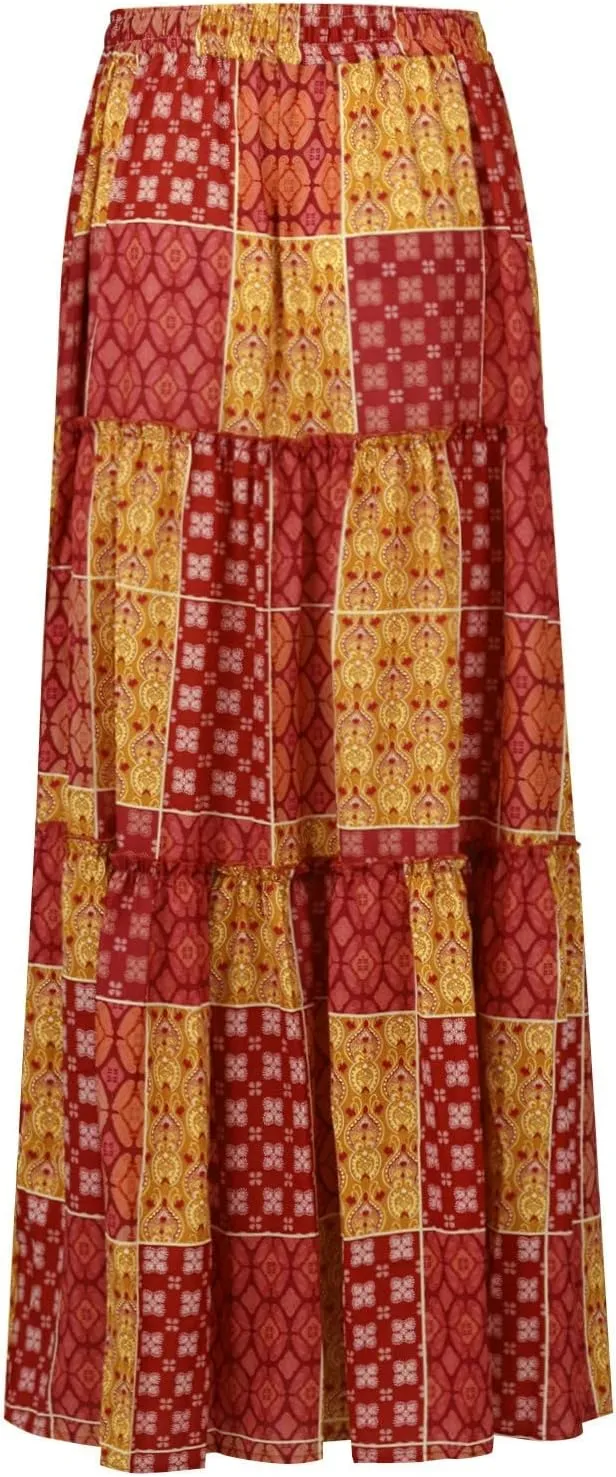 Maxi Floral Skirts for Women Trendy Boho Long Flowy Tiered Skirt High Elastic Waist Smocked Tie Front Skirts with Pockets