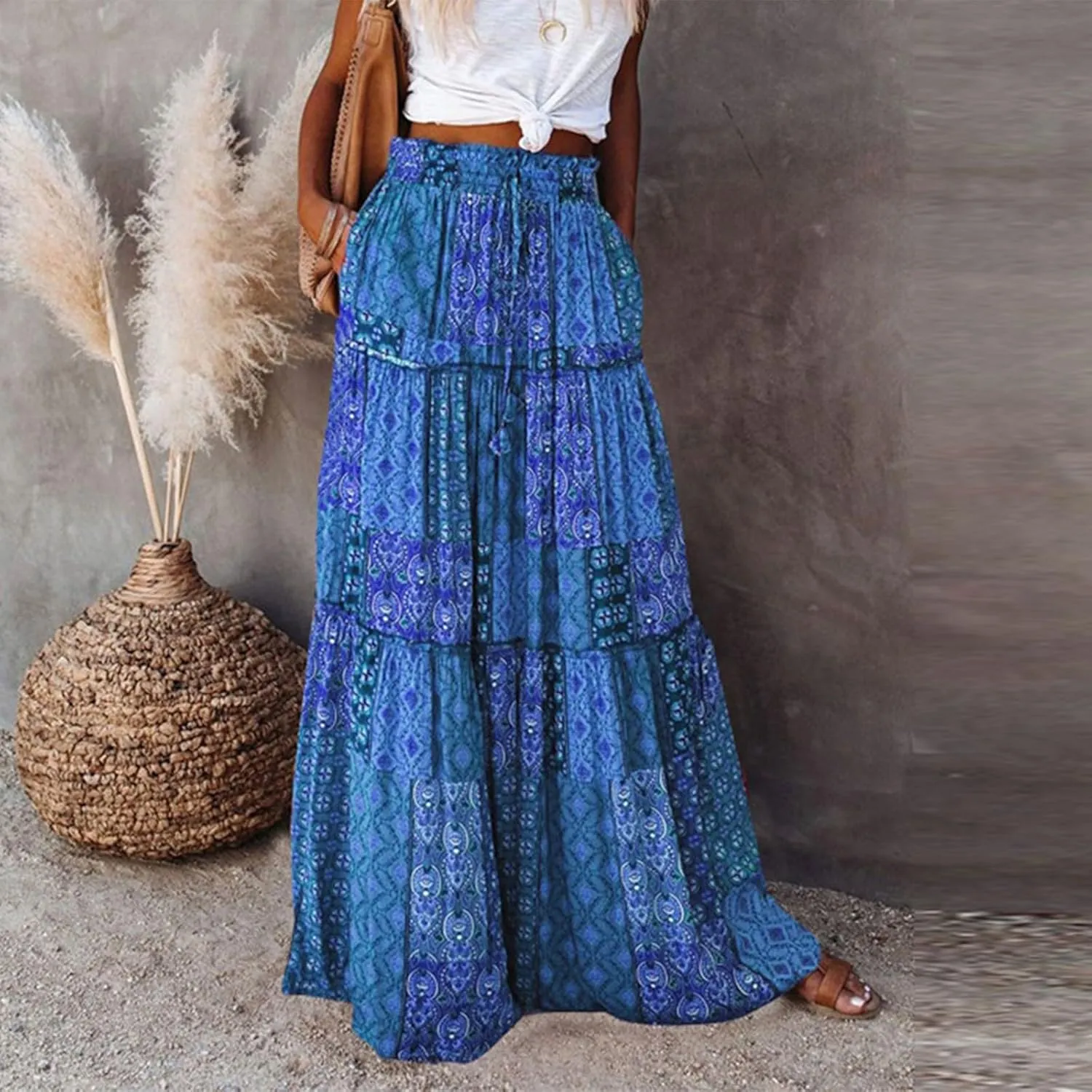 Maxi Floral Skirts for Women Trendy Boho Long Flowy Tiered Skirt High Elastic Waist Smocked Tie Front Skirts with Pockets