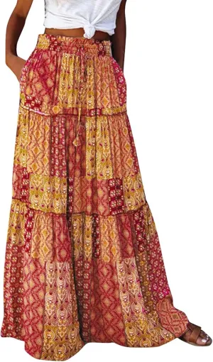 Maxi Floral Skirts for Women Trendy Boho Long Flowy Tiered Skirt High Elastic Waist Smocked Tie Front Skirts with Pockets