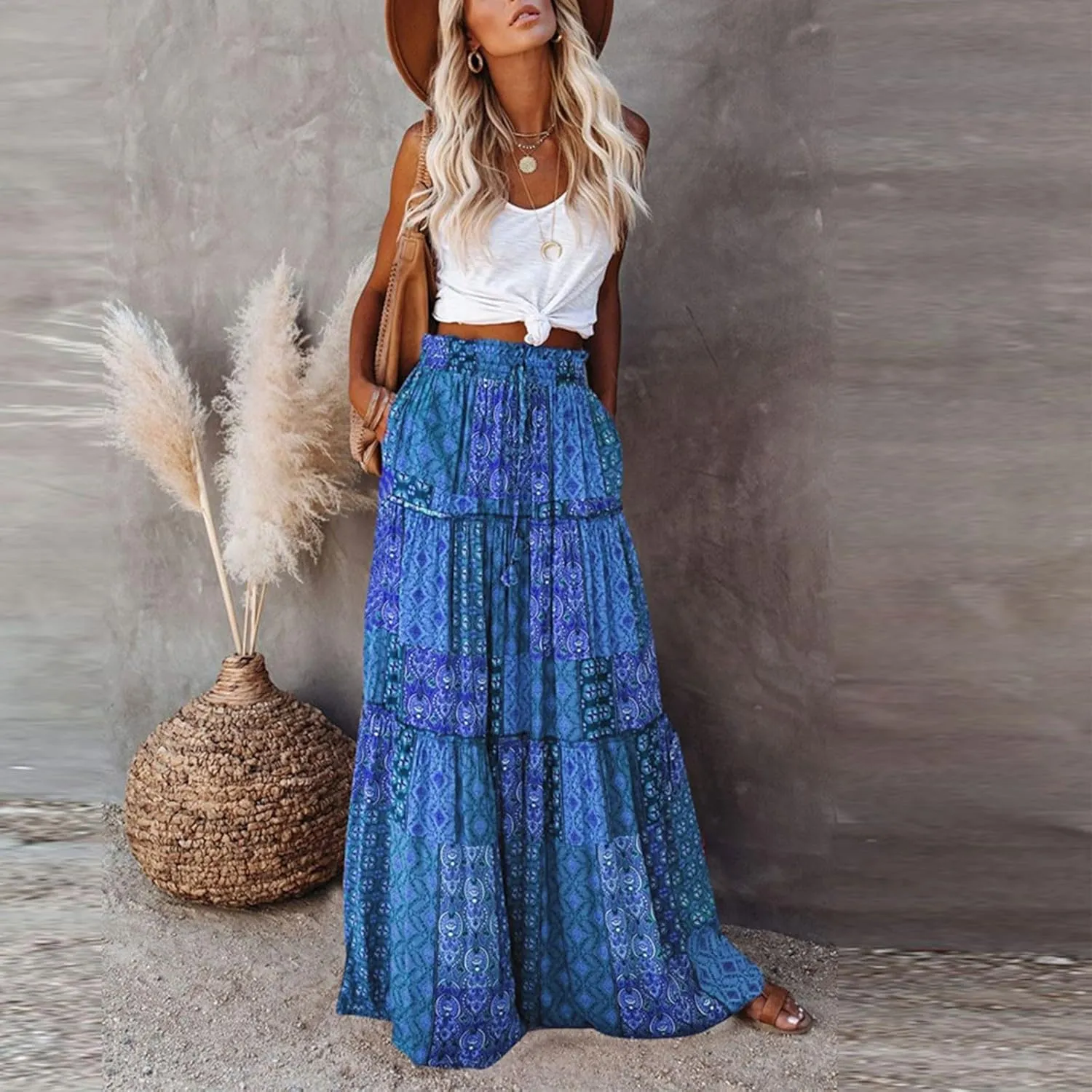 Maxi Floral Skirts for Women Trendy Boho Long Flowy Tiered Skirt High Elastic Waist Smocked Tie Front Skirts with Pockets