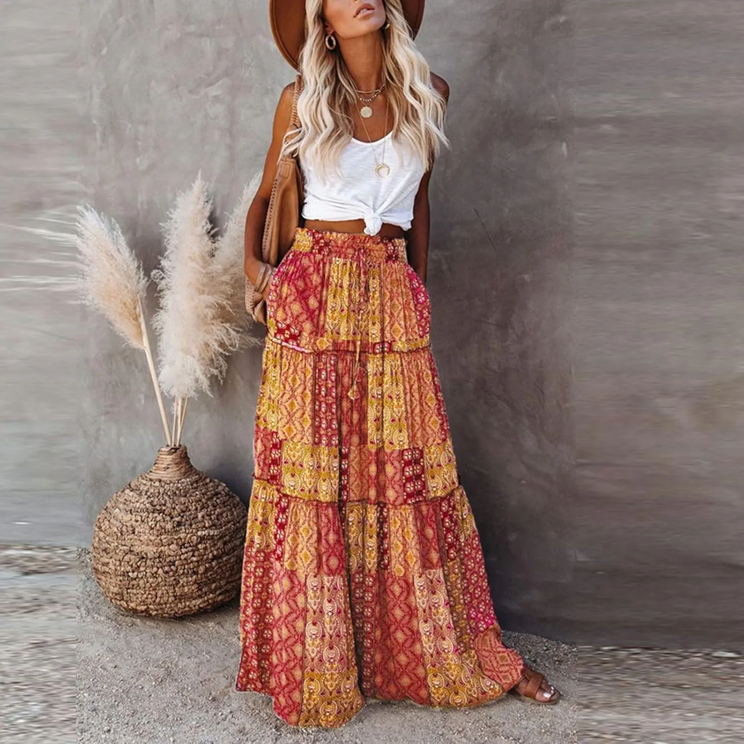 Maxi Floral Skirts for Women Trendy Boho Long Flowy Tiered Skirt High Elastic Waist Smocked Tie Front Skirts with Pockets