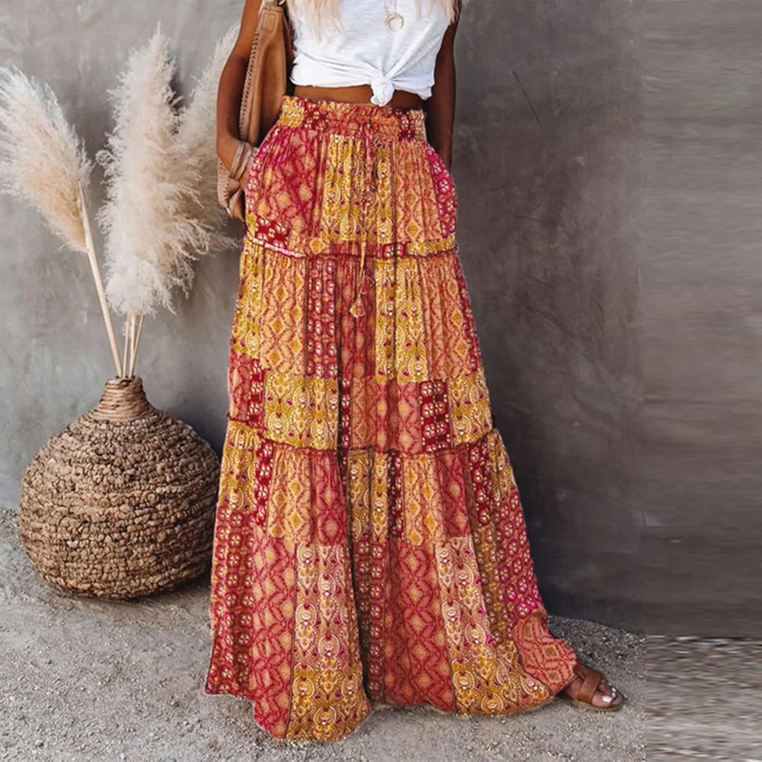 Maxi Floral Skirts for Women Trendy Boho Long Flowy Tiered Skirt High Elastic Waist Smocked Tie Front Skirts with Pockets