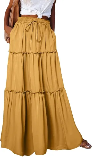 Maxi Floral Skirts for Women Trendy Boho Long Flowy Tiered Skirt High Elastic Waist Smocked Tie Front Skirts with Pockets