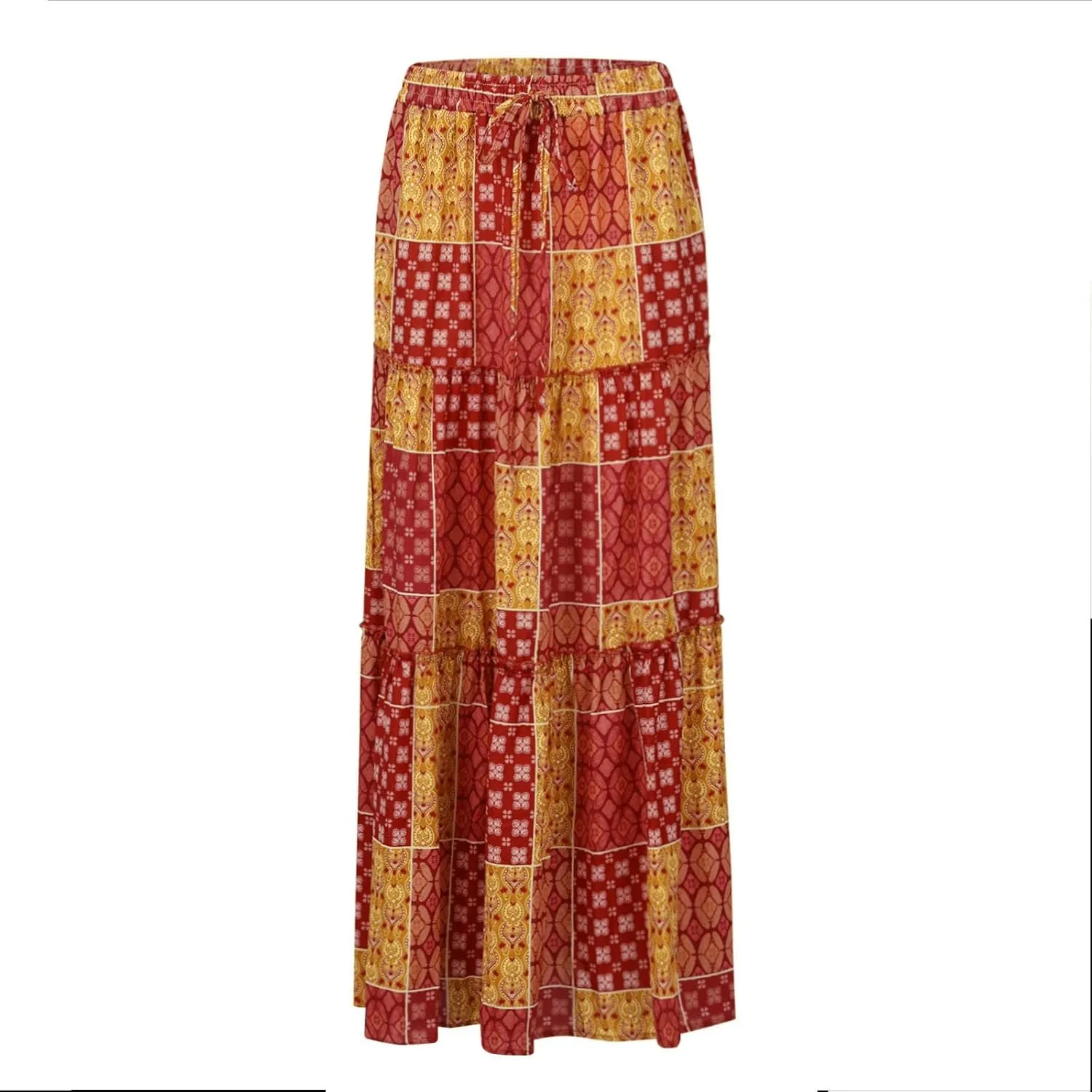 Maxi Floral Skirts for Women Trendy Boho Long Flowy Tiered Skirt High Elastic Waist Smocked Tie Front Skirts with Pockets