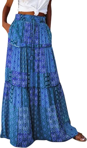 Maxi Floral Skirts for Women Trendy Boho Long Flowy Tiered Skirt High Elastic Waist Smocked Tie Front Skirts with Pockets