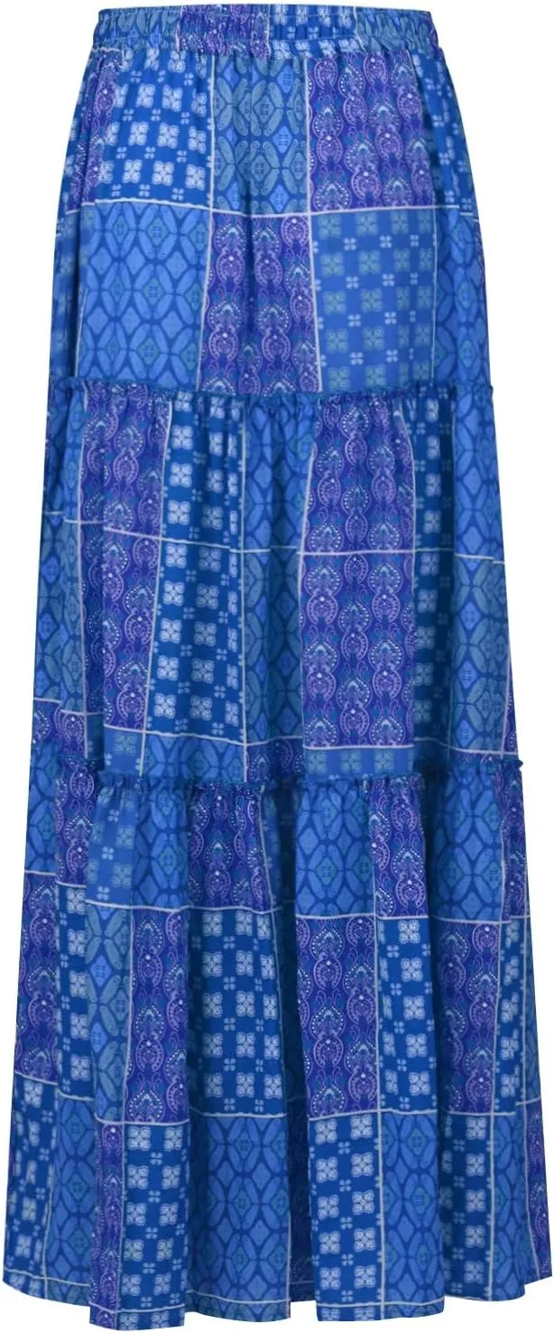 Maxi Floral Skirts for Women Trendy Boho Long Flowy Tiered Skirt High Elastic Waist Smocked Tie Front Skirts with Pockets