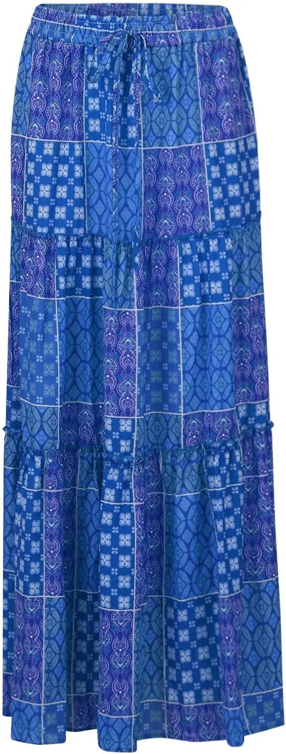 Maxi Floral Skirts for Women Trendy Boho Long Flowy Tiered Skirt High Elastic Waist Smocked Tie Front Skirts with Pockets