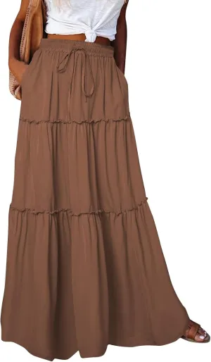 Maxi Floral Skirts for Women Trendy Boho Long Flowy Tiered Skirt Tie Front High Elastic Waist Smocked Skirts with Pockets