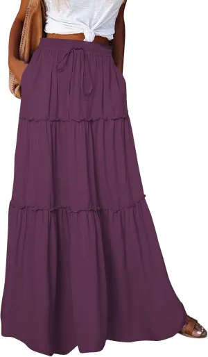 Maxi Floral Skirts for Women Trendy Boho Long Flowy Tiered Skirt Tie Front High Elastic Waist Smocked Skirts with Pockets