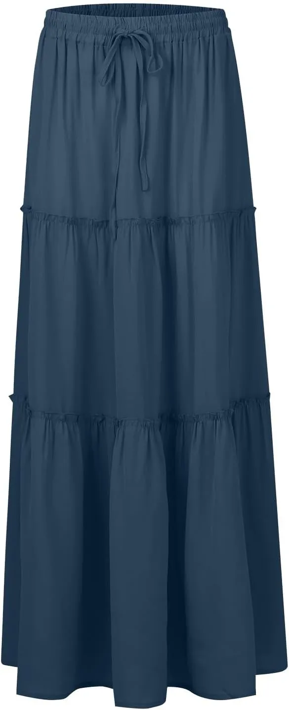 Maxi Floral Skirts for Women Trendy Boho Long Flowy Tiered Skirt Tie Front High Elastic Waist Smocked Skirts with Pockets