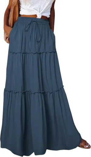 Maxi Floral Skirts for Women Trendy Boho Long Flowy Tiered Skirt Tie Front High Elastic Waist Smocked Skirts with Pockets