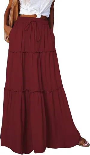 Maxi Floral Skirts for Women Trendy Boho Long Flowy Tiered Skirt Tie Front High Elastic Waist Smocked Skirts with Pockets