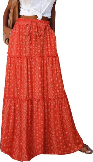 Maxi Floral Skirts for Women Trendy High Elastic Waist Smocked Boho Long Flowy Tiered Skirt Tie Front Skirts with Pockets