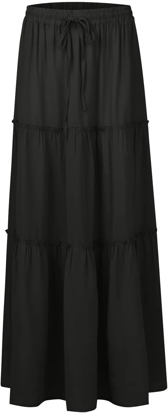 Maxi Floral Skirts for Women Trendy High Elastic Waist Smocked Boho Long Flowy Tiered Skirt Tie Front Skirts with Pockets
