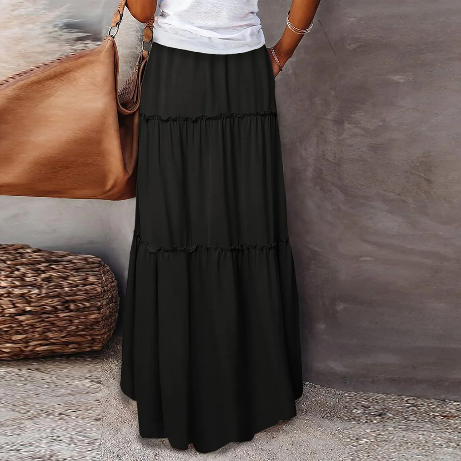 Maxi Floral Skirts for Women Trendy High Elastic Waist Smocked Boho Long Flowy Tiered Skirt Tie Front Skirts with Pockets
