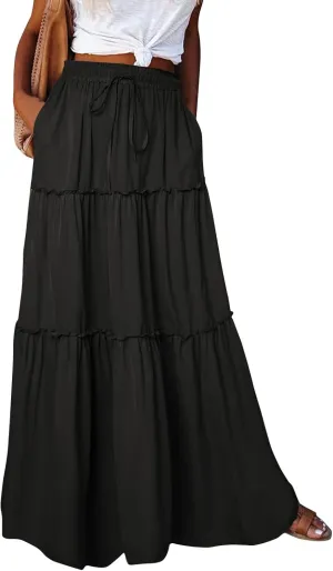Maxi Floral Skirts for Women Trendy High Elastic Waist Smocked Boho Long Flowy Tiered Skirt Tie Front Skirts with Pockets