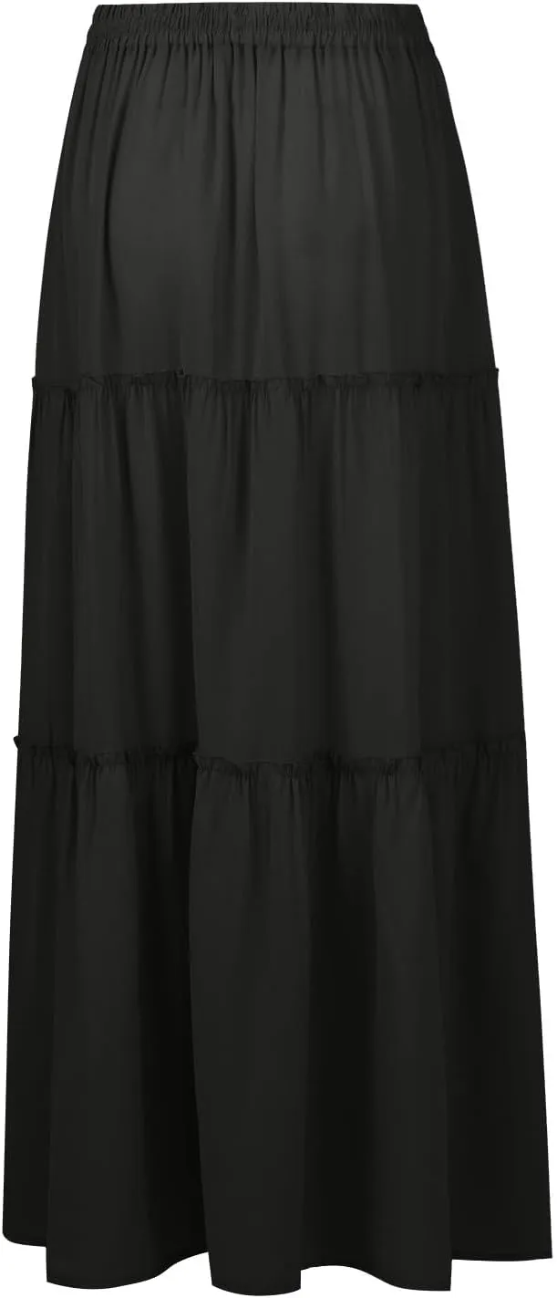 Maxi Floral Skirts for Women Trendy High Elastic Waist Smocked Boho Long Flowy Tiered Skirt Tie Front Skirts with Pockets