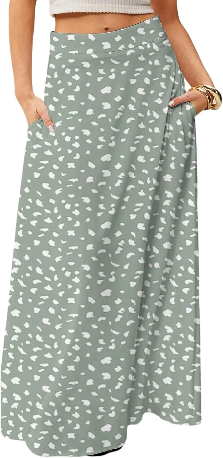 Maxi Floral Skirts for Women Trendy Summer Boho Long Flowy A Line Skirt High Elastic Waist Skirts Skorts with Pockets