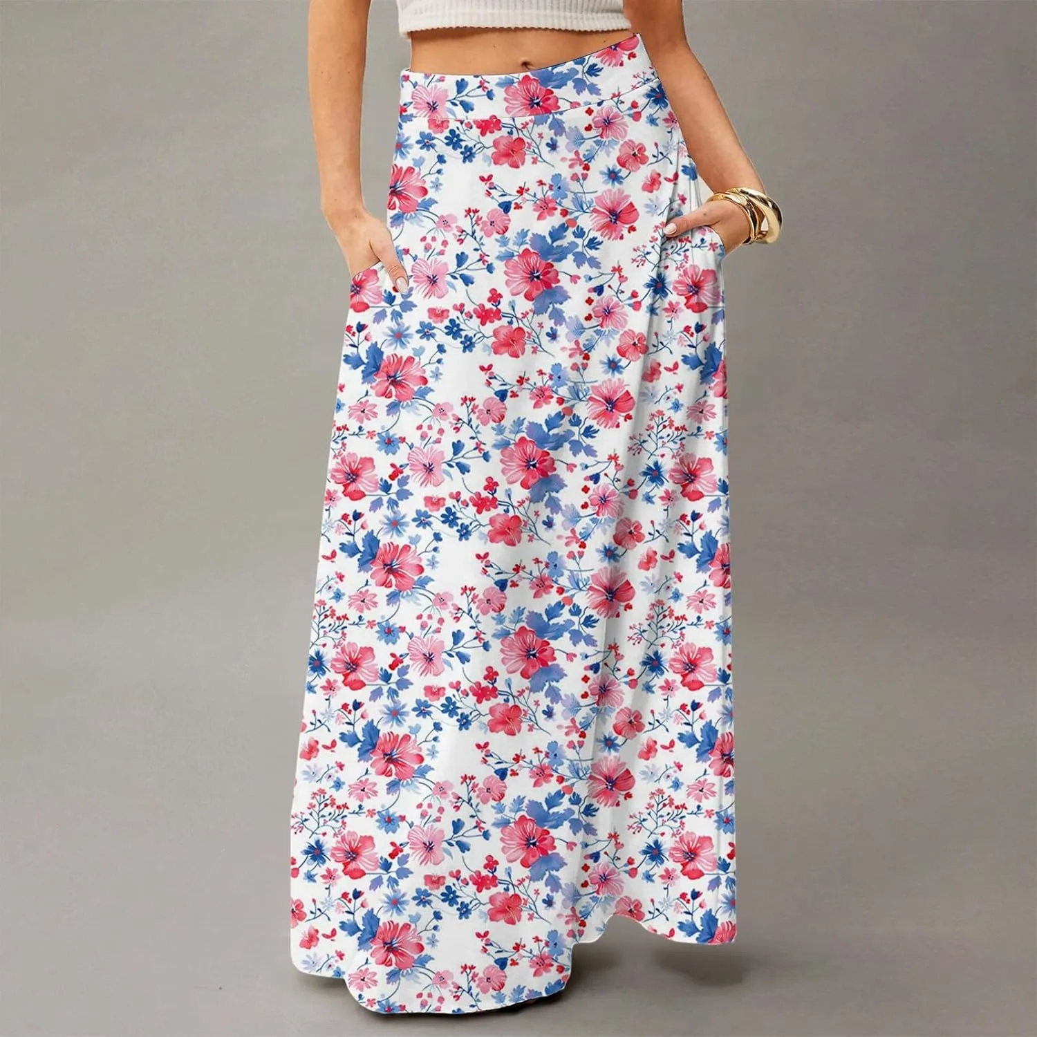 Maxi Floral Skirts for Women Trendy Summer Boho Long Flowy A Line Skirt High Elastic Waist Skirts Skorts with Pockets