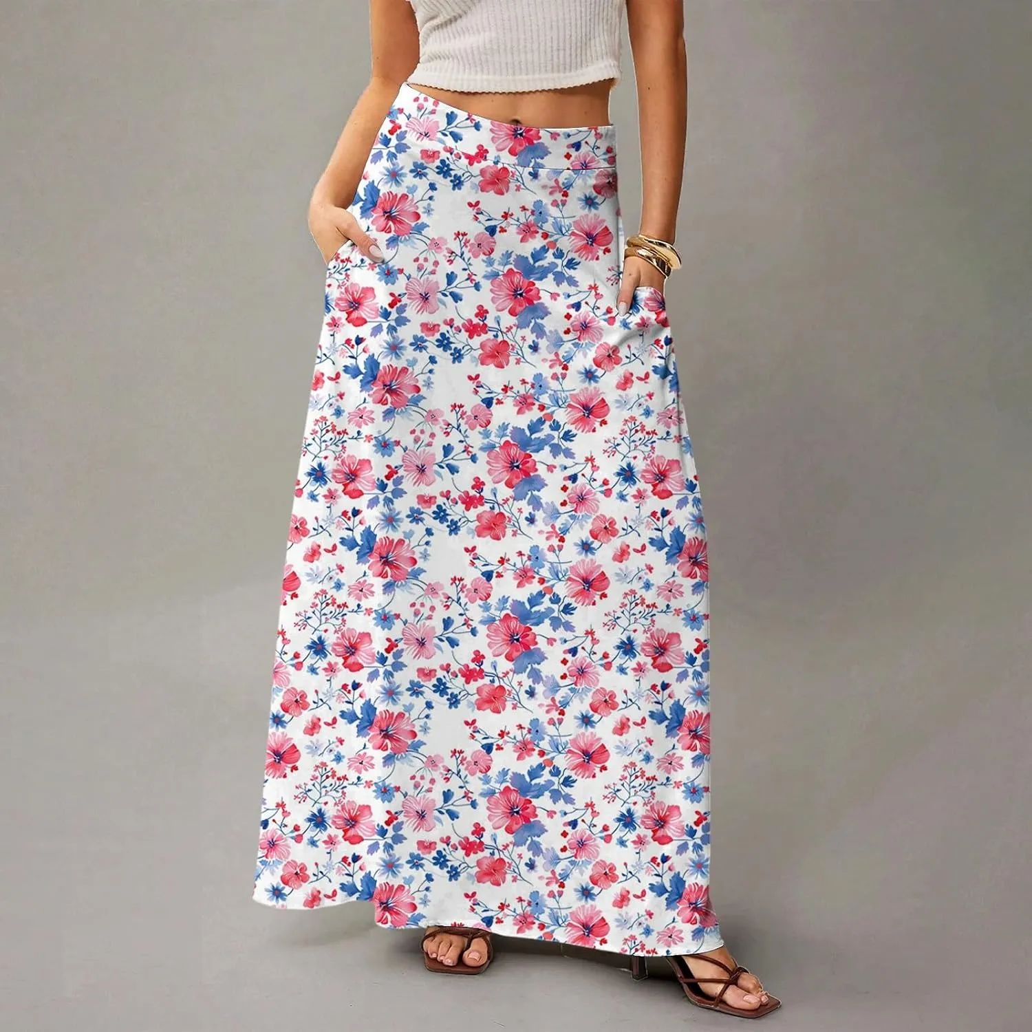 Maxi Floral Skirts for Women Trendy Summer Boho Long Flowy A Line Skirt High Elastic Waist Skirts Skorts with Pockets