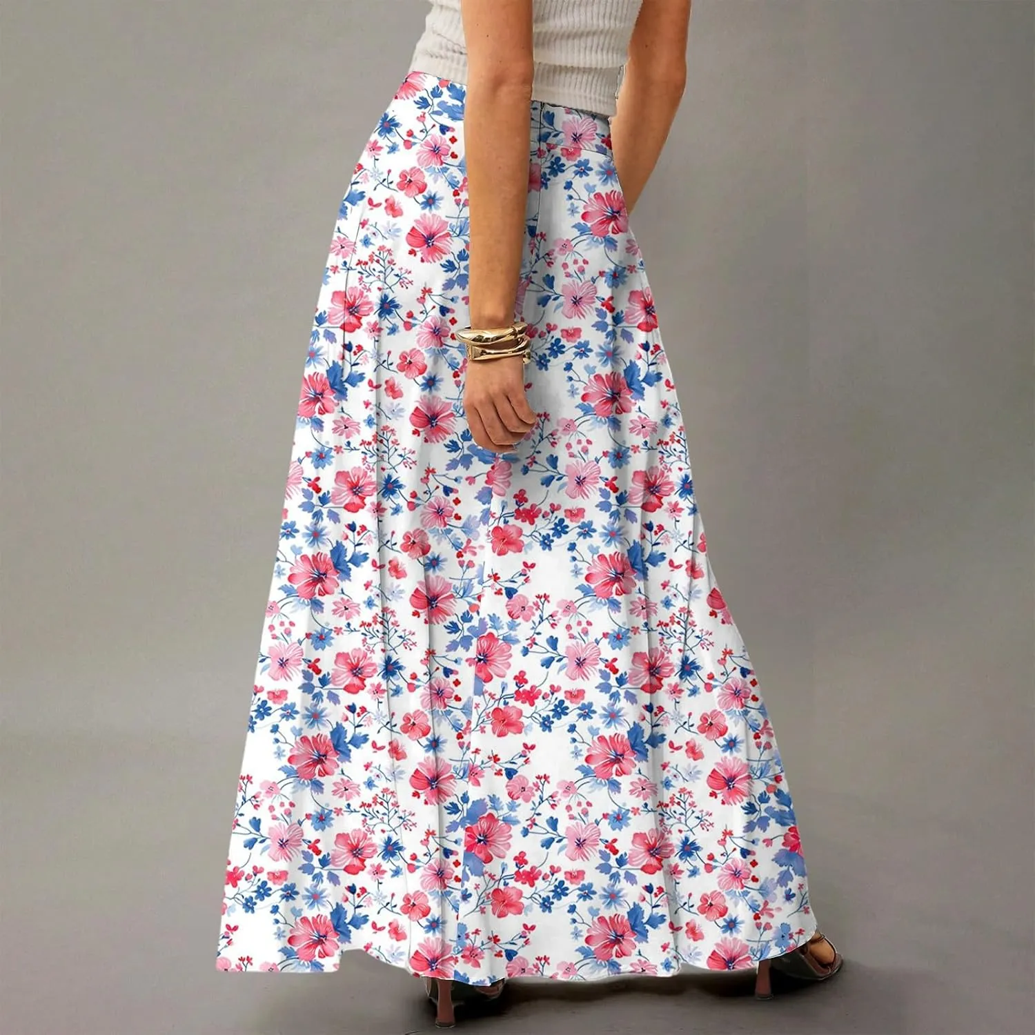 Maxi Floral Skirts for Women Trendy Summer Boho Long Flowy A Line Skirt High Elastic Waist Skirts Skorts with Pockets