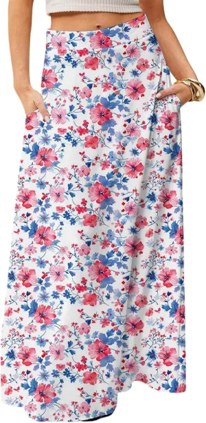 Maxi Floral Skirts for Women Trendy Summer Boho Long Flowy A Line Skirt High Elastic Waist Skirts Skorts with Pockets