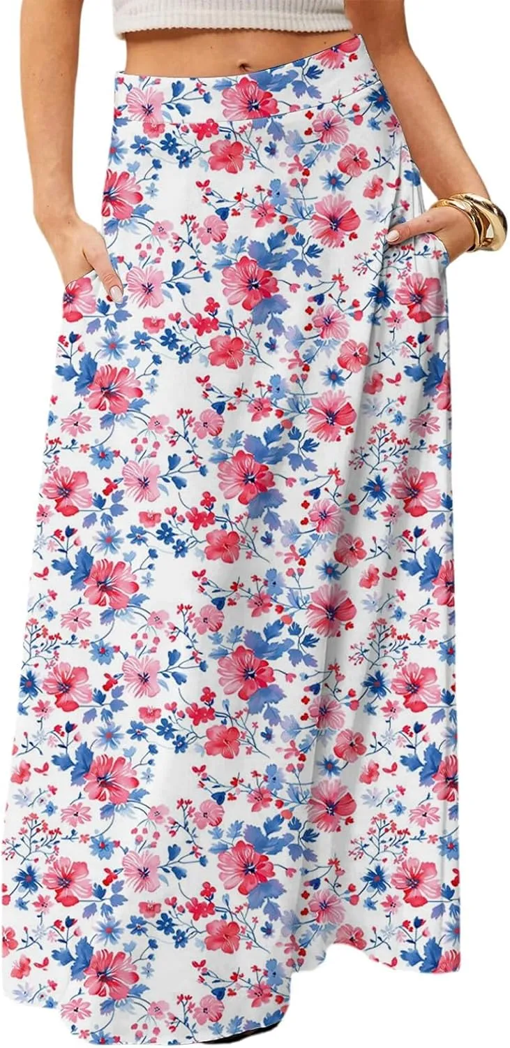 Maxi Floral Skirts for Women Trendy Summer Boho Long Flowy A Line Skirt High Elastic Waist Skirts Skorts with Pockets