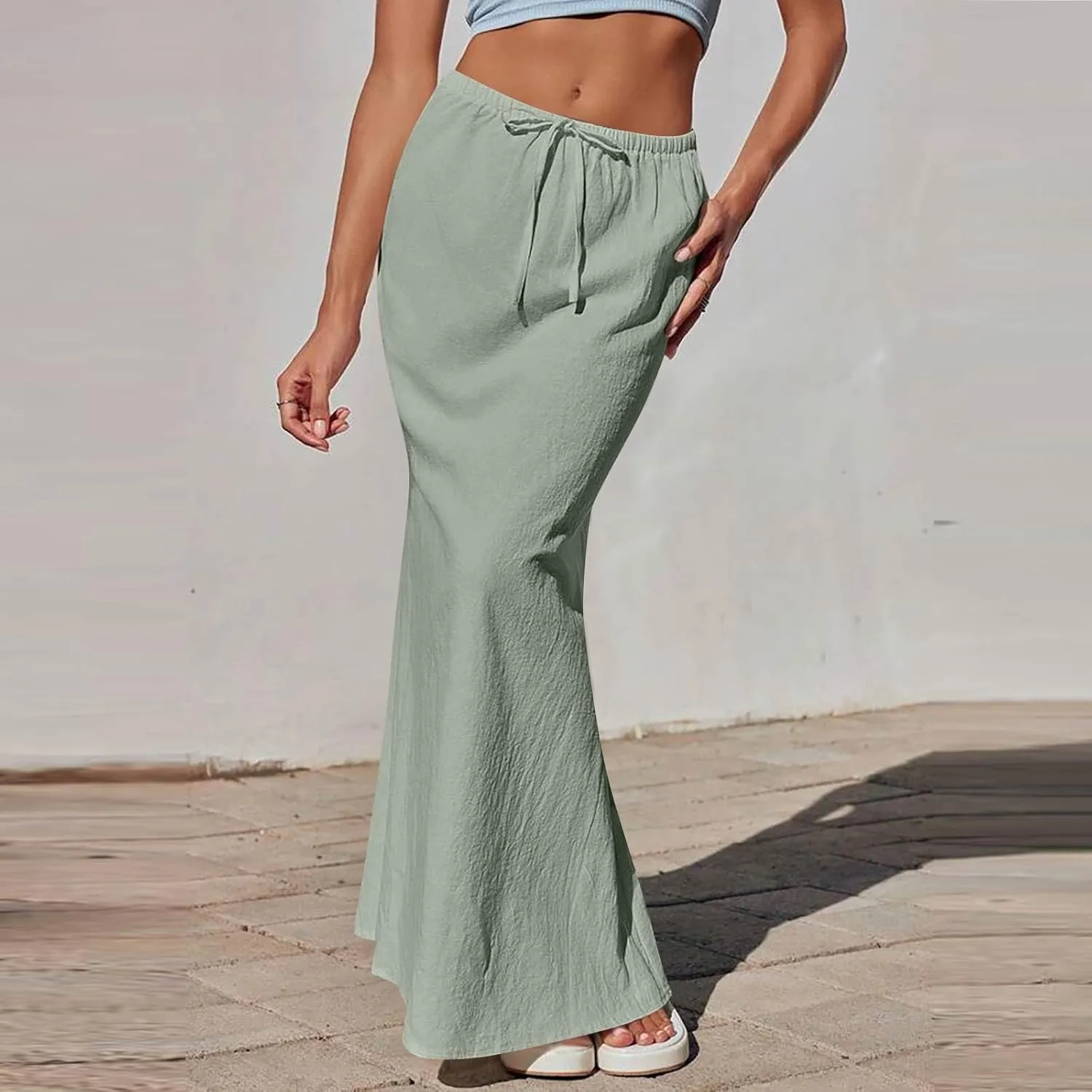 Maxi Linen Flare Skirts for Women Trendy Summer with Slit Long Flowy Low Rise Drawstring Elastic Waist A Line Skorts