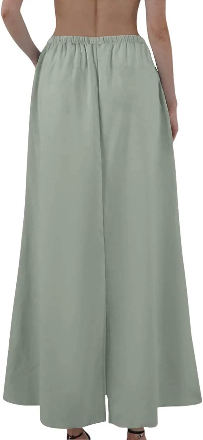 Maxi Linen Flare Skirts for Women Trendy Summer with Slit Long Flowy Low Rise Drawstring Elastic Waist A Line Skorts