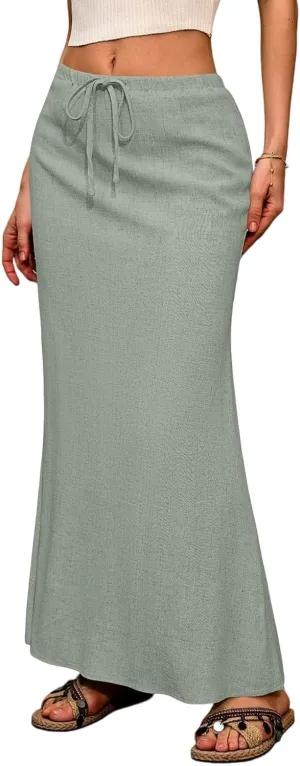 Maxi Linen Flare Skirts for Women Trendy Summer with Slit Long Flowy Low Rise Drawstring Elastic Waist A Line Skorts