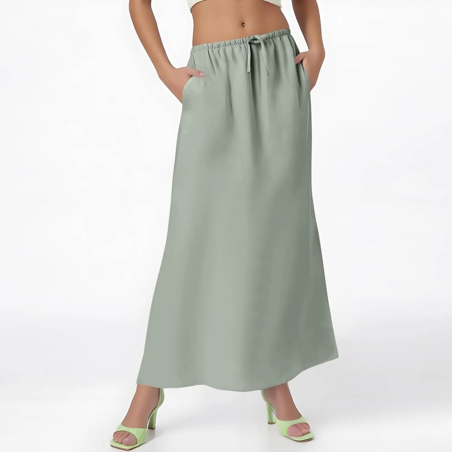 Maxi Linen Flare Skirts for Women Trendy Summer with Slit Long Flowy Low Rise Drawstring Elastic Waist A Line Skorts