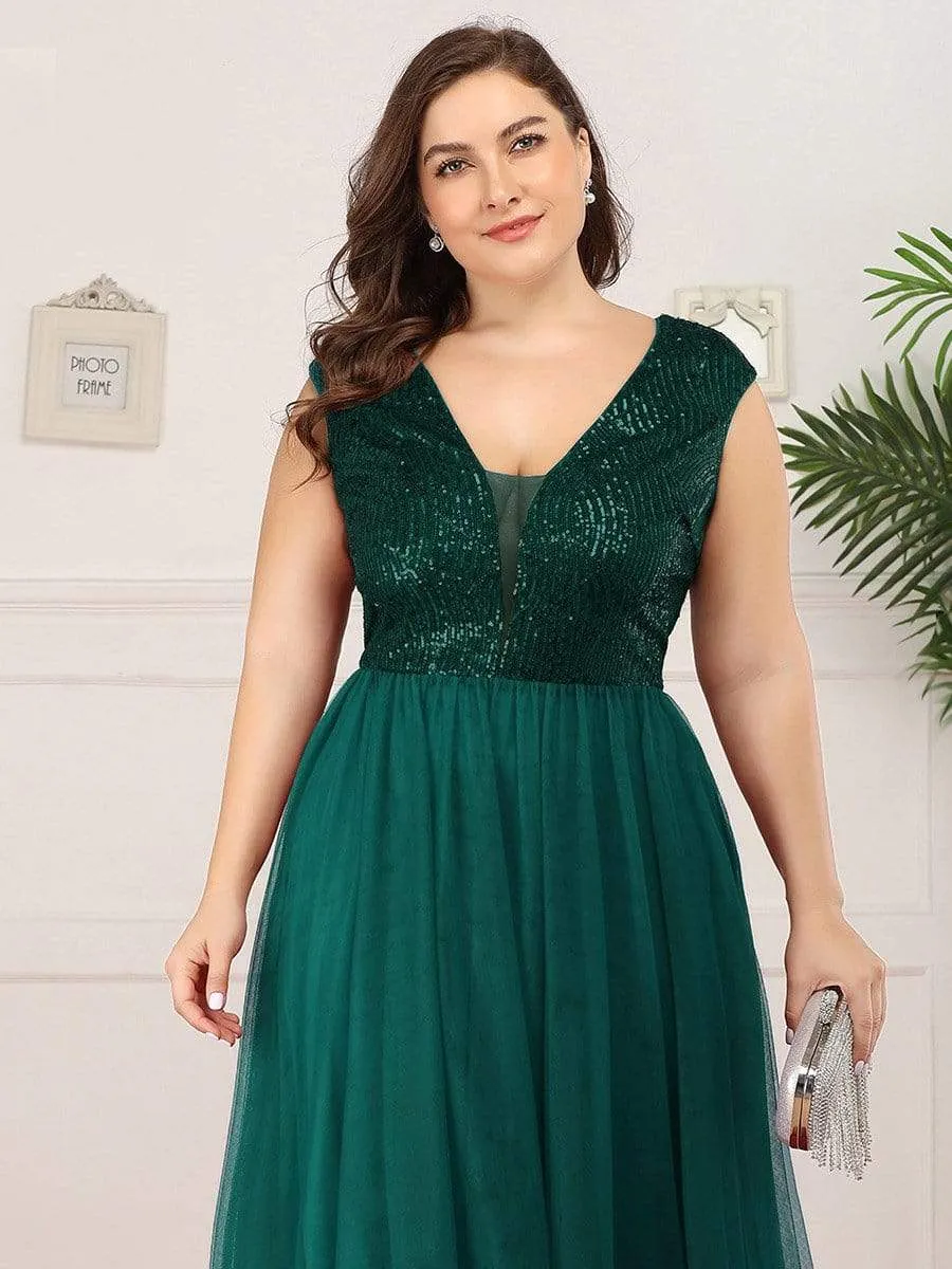 Maxi Long Plus Size Sequin Prom Dresses for Women with Cap Sleeve